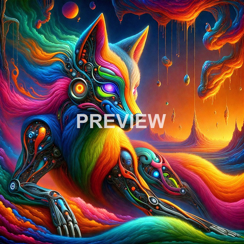 A highly stylized, colorful, and abstract depiction of a fox with intricate circuit-like patterns and vibrant flowing elements, set against a surreal landscape with floating objects and a glowing sunset.